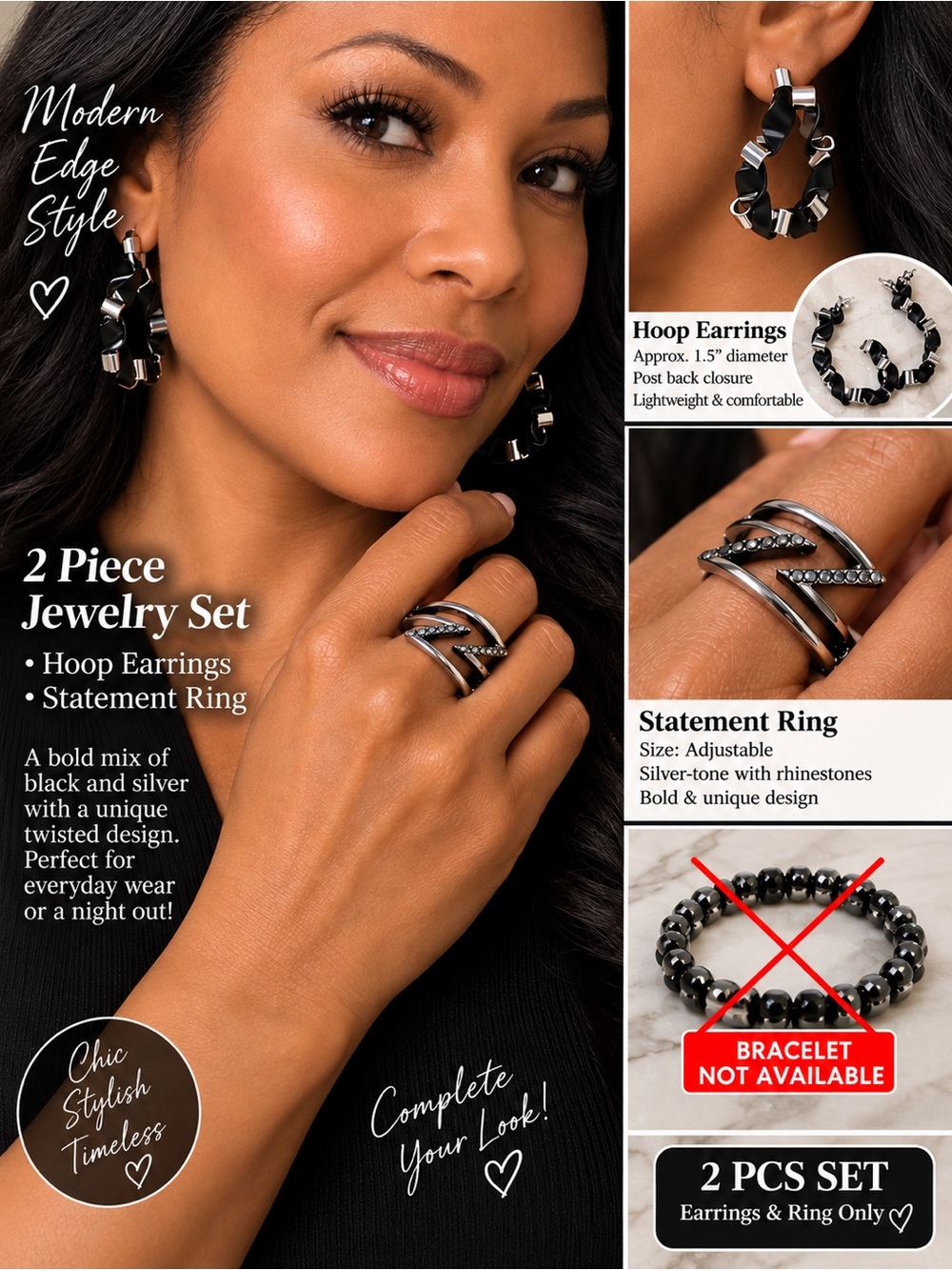 Black & Silver Hoop Earrings and Statement Ring Set